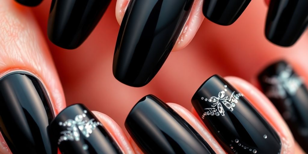 Unhas de gel preto brilhantes e elegantes emclose.