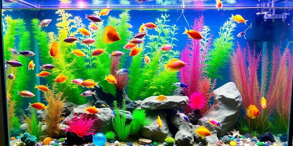 Acuario colorido con peces y plantas acuáticas.