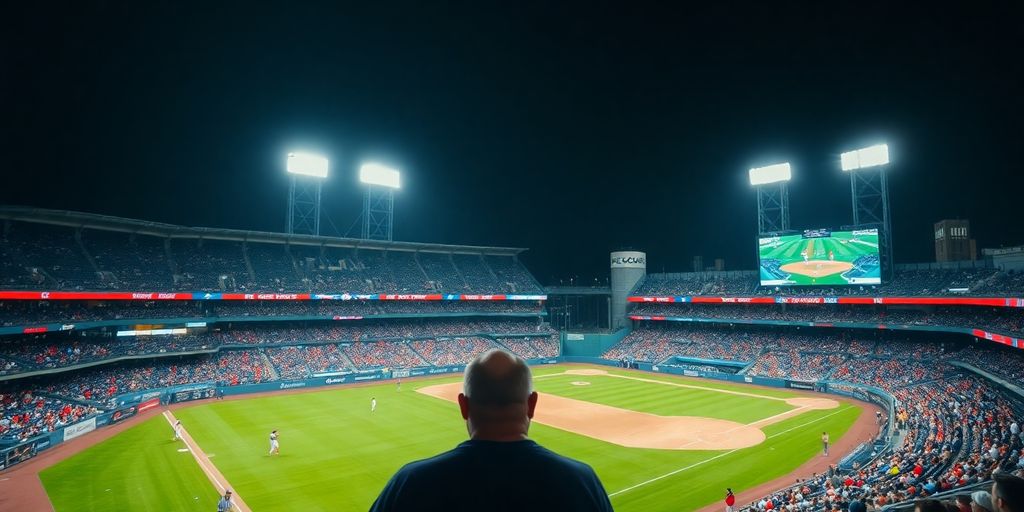 Baseball game in progress, stadium lights illuminate field.
