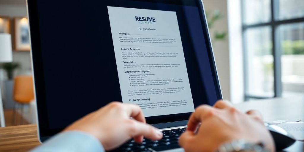 Laptop with resume, person reaching for mouse