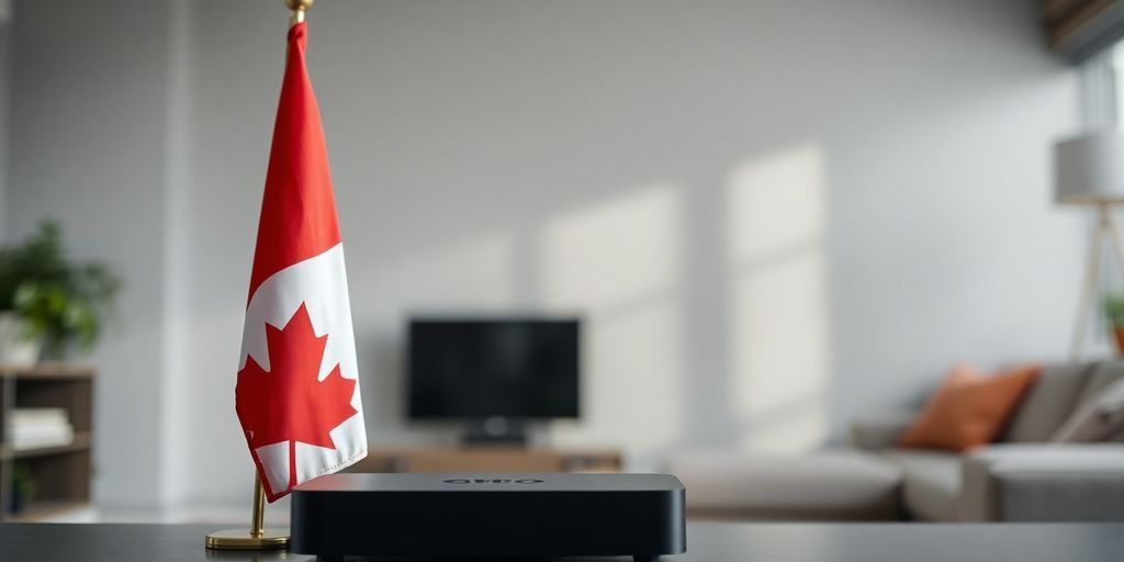 Canadian flag beside a streaming device.