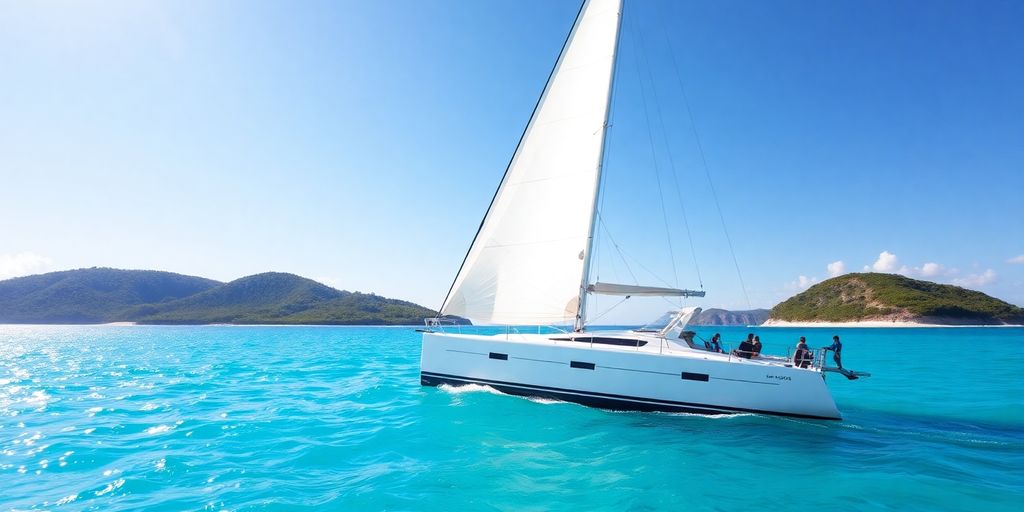 Sailboat on turquoise Caribbean water under blue sky