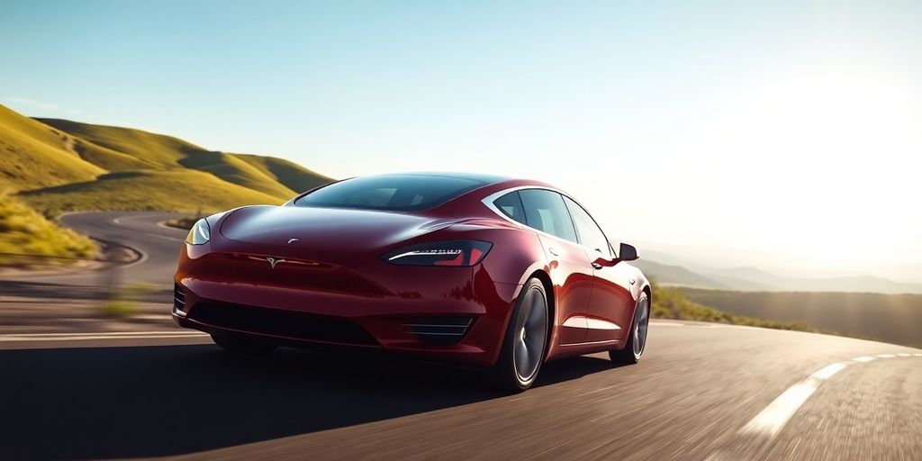 Red Tesla car, sunny road, distant mountains.