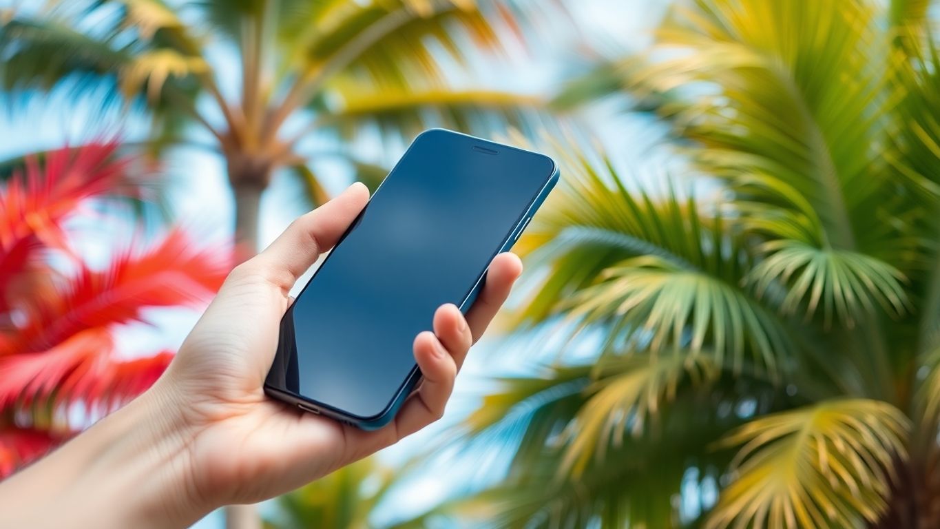 Mobile phone held by a hand near palm trees.