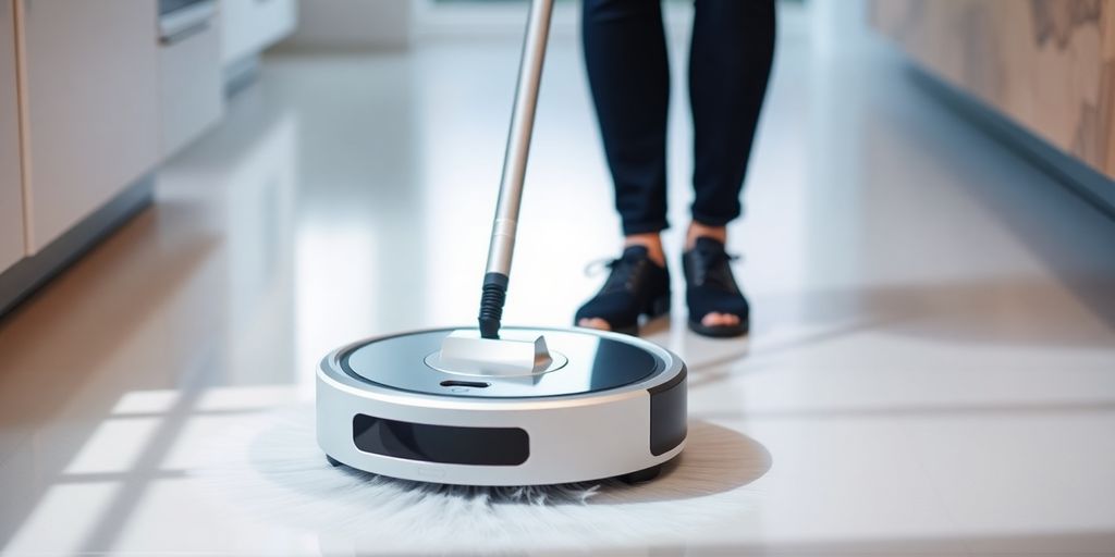Moderner Saugroboter bei der Reinigung des Fußbodens.