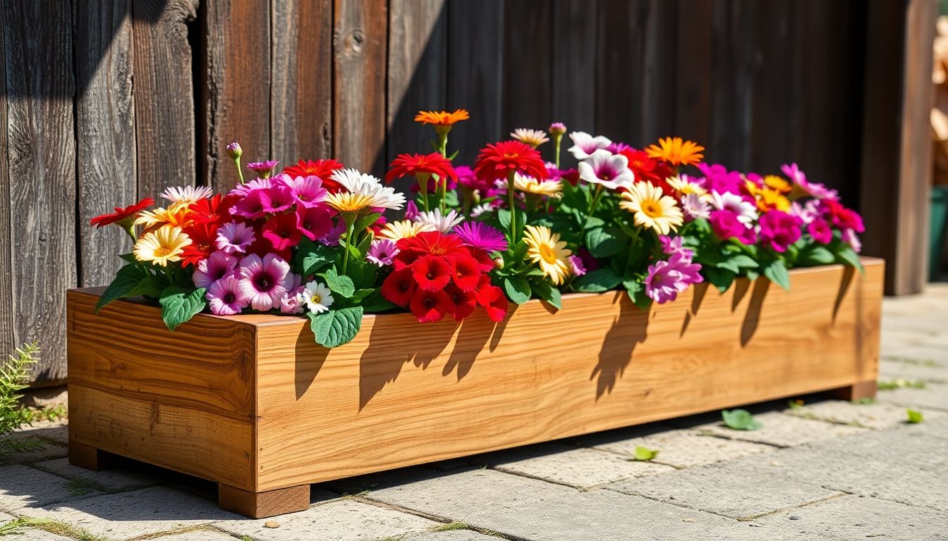 Realistic wooden planter box with colourful flowers.