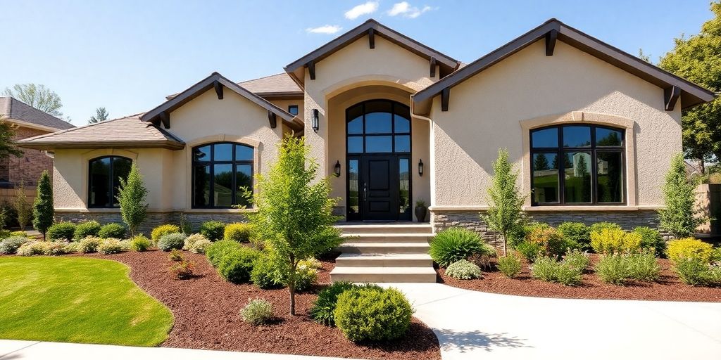Modern custom home exterior with landscaping
