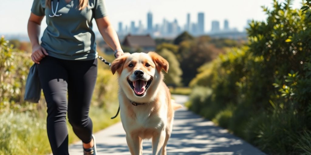 Happy dog trotting alongside a professional walker in Sydney's Eastern Suburbs.