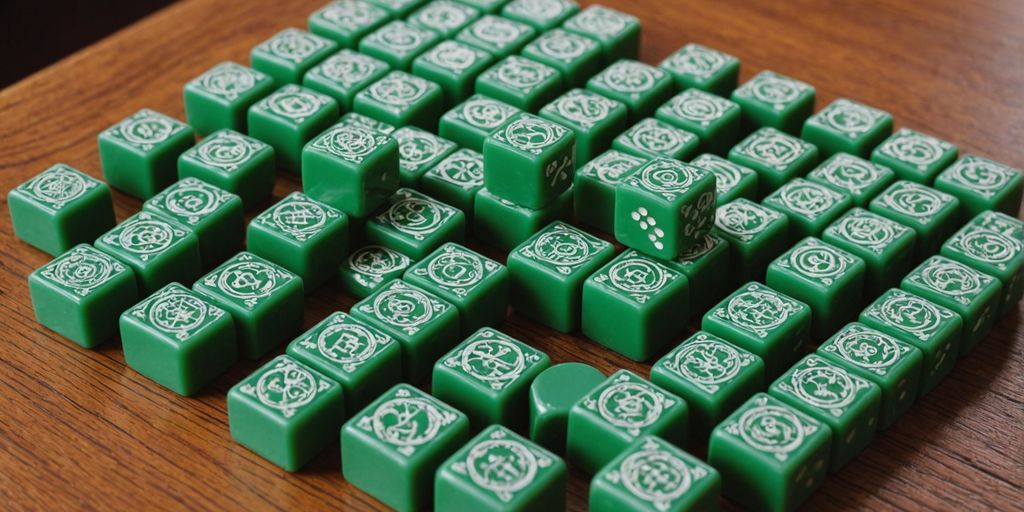 Green Mahjong tiles with dice and scoring sticks