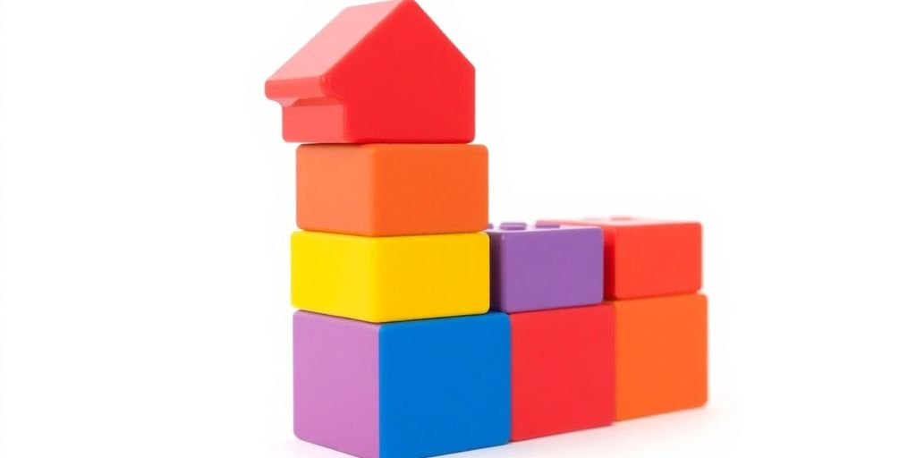 Stacked colorful building blocks forming a upward arrow.
