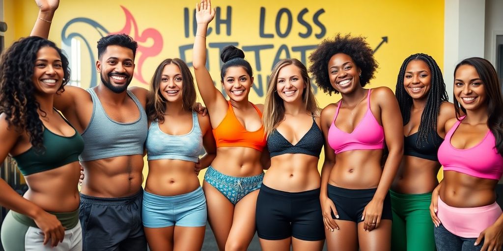 Diverse individuals celebrating their fitness transformations in a gym.
