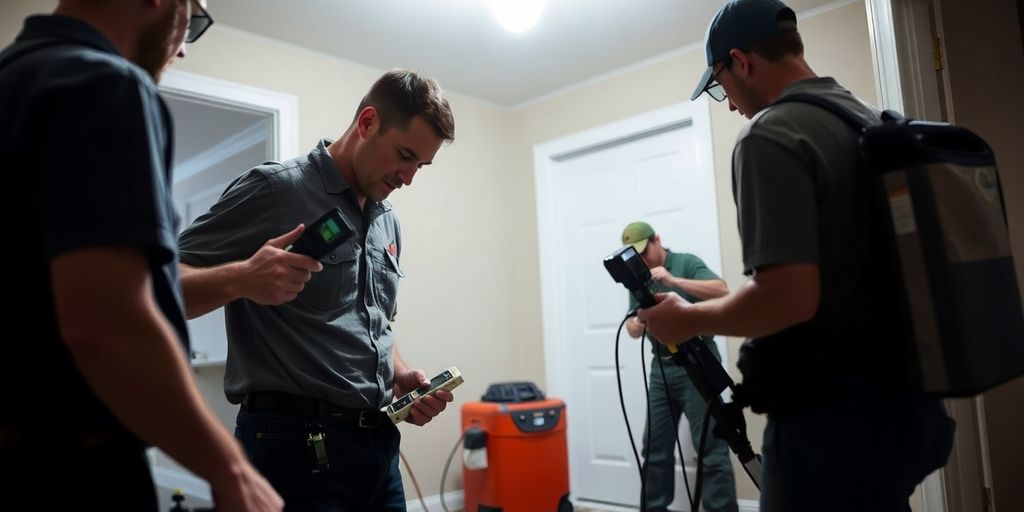 Restoration team working on water damage repair in home.