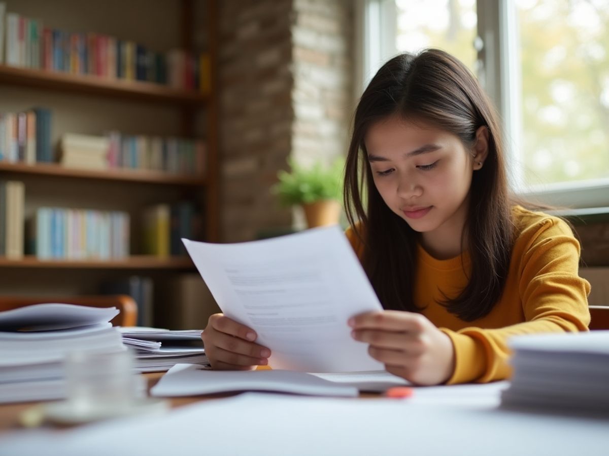 Student preparing scholarship interview documents at desk.