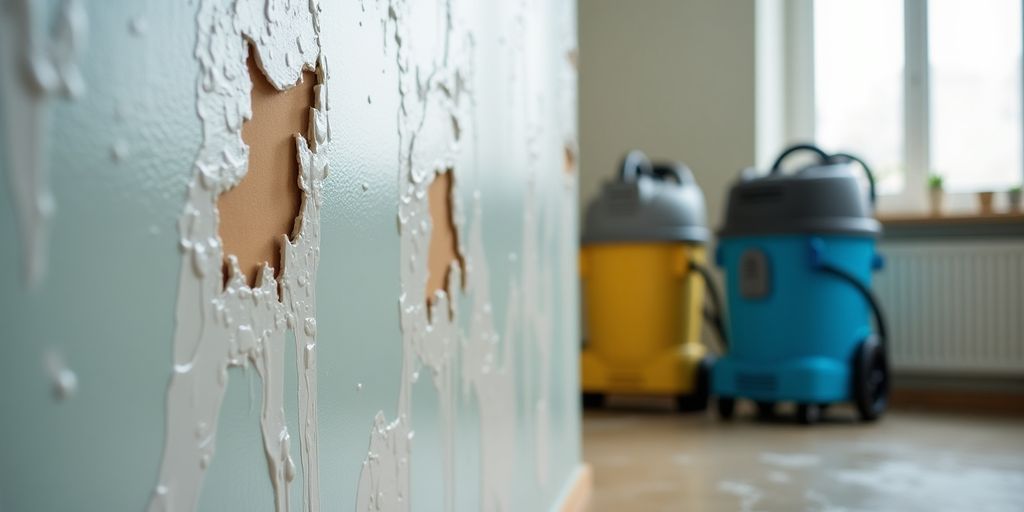 Close-up of water-damaged wall with restoration tools.