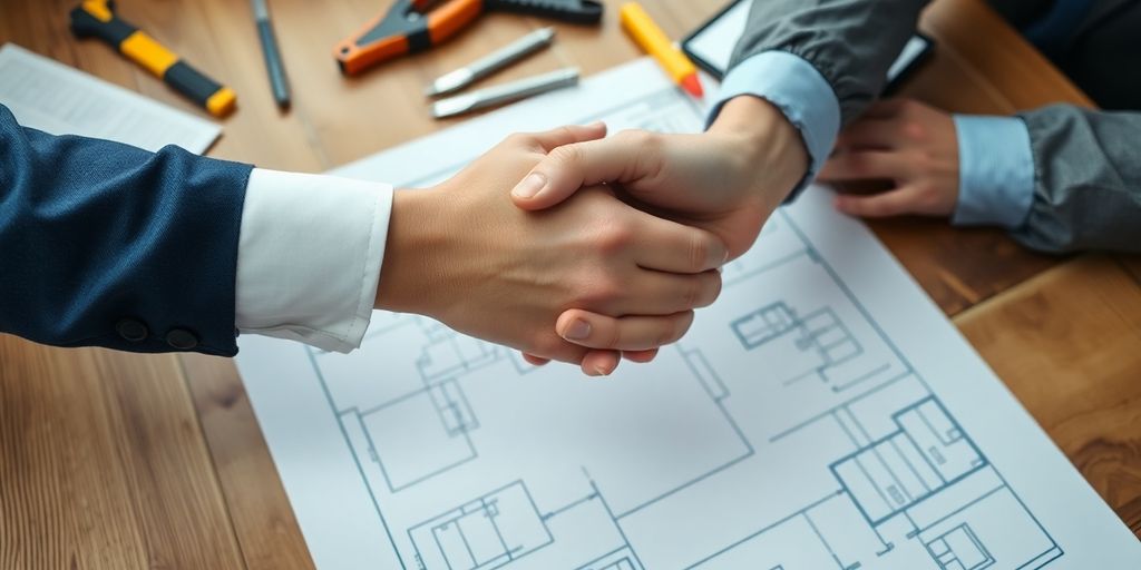 Hands shaking over a blueprint with tools nearby.