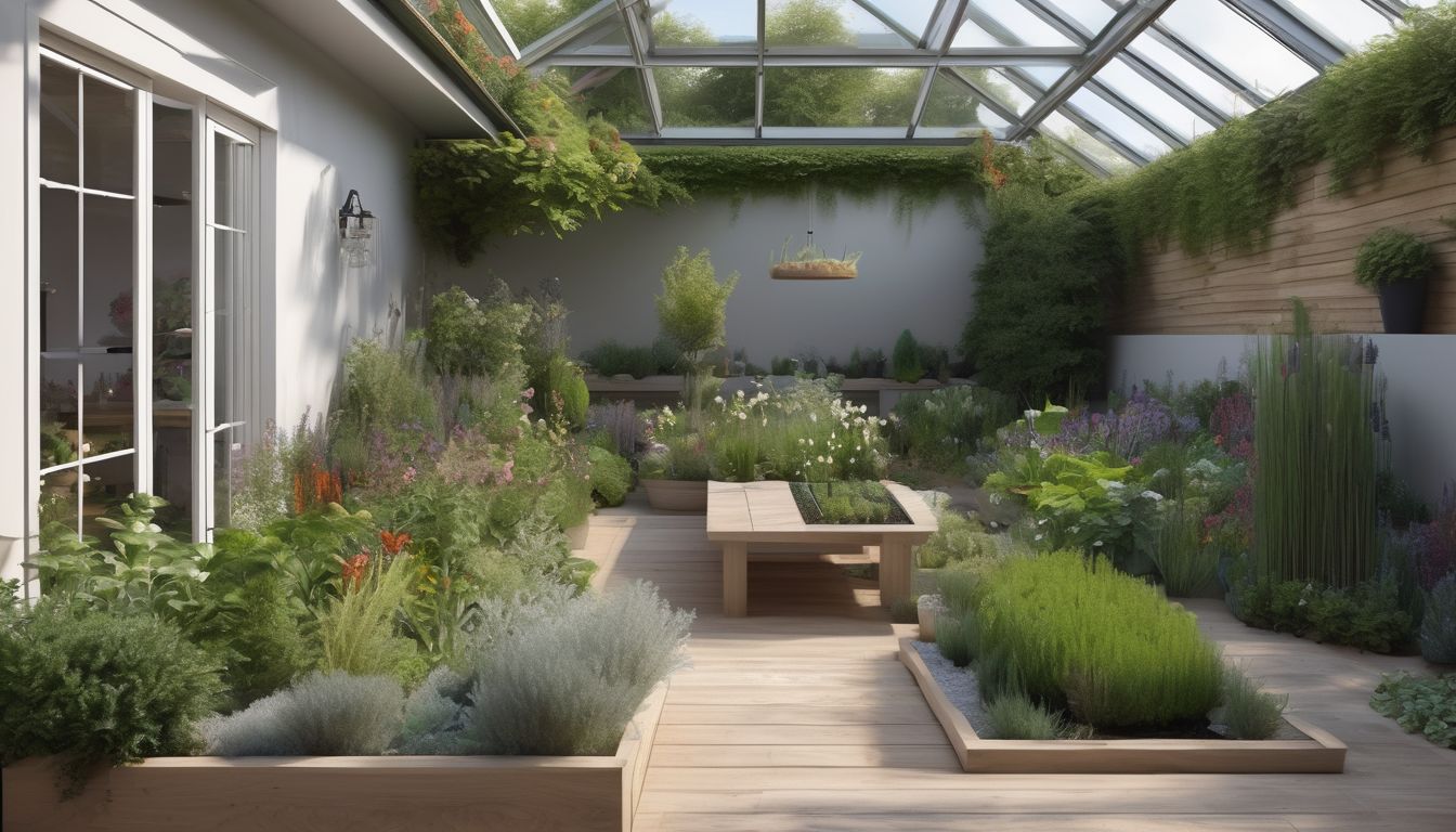 herb garden in UK with gardener feeding plants