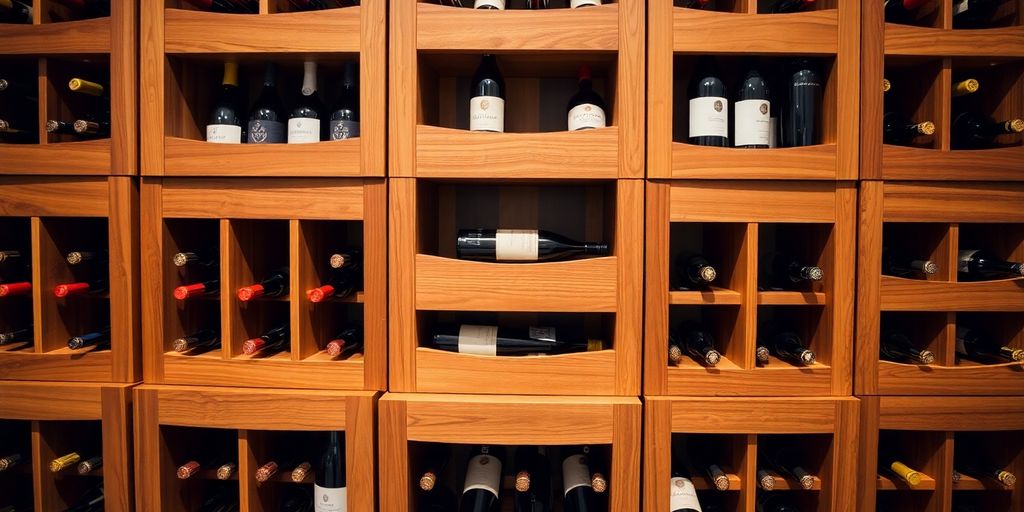 Elegant stacking wine bins filled with assorted wine bottles.