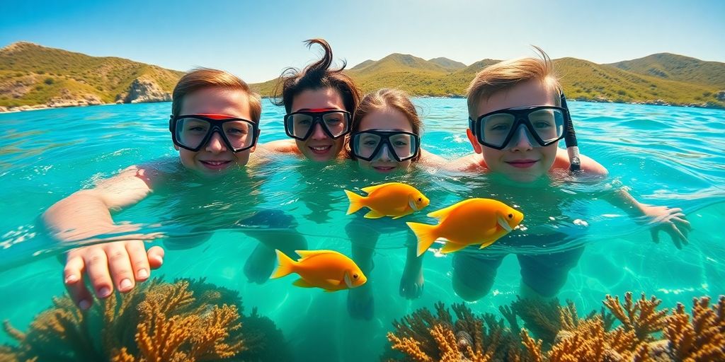 Family snorkeling in clear Cabo waters with colorful fish.