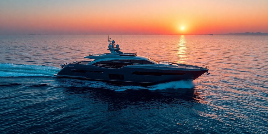 Luxury superyacht cruising open ocean at sunset.
