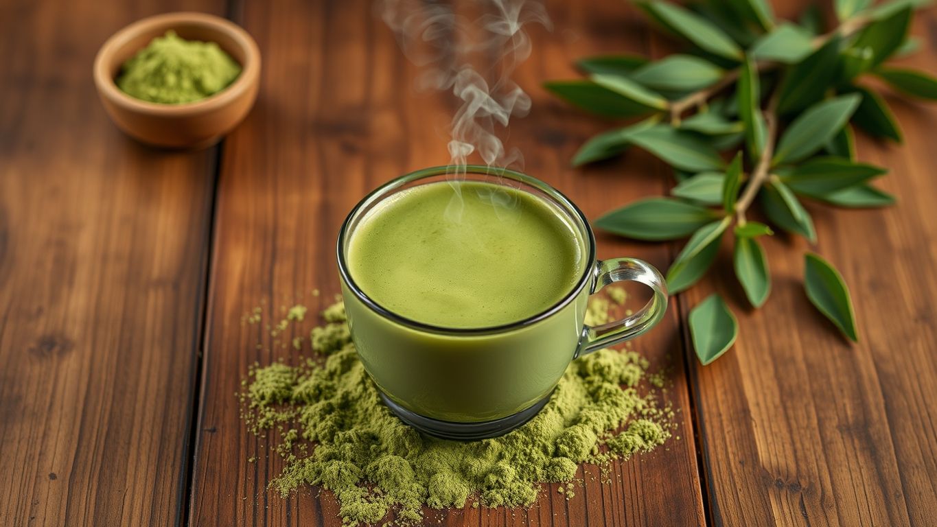 Steaming cup of matcha tea with powder and leaves