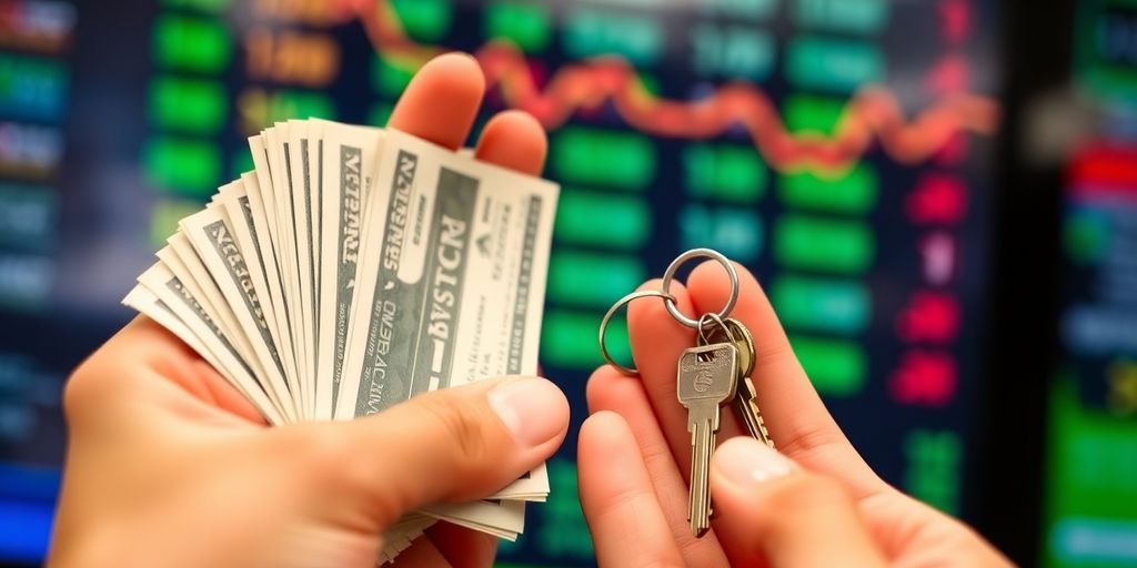 Hand holding cash and keys, symbolizing investment choices.