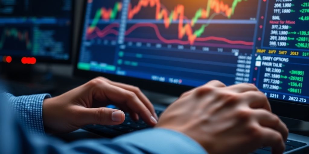 Trader interacting with digital trading platform on computer.