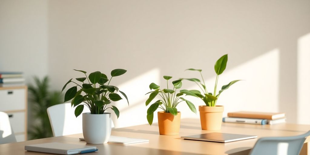 Calm workspace with plants and natural light.