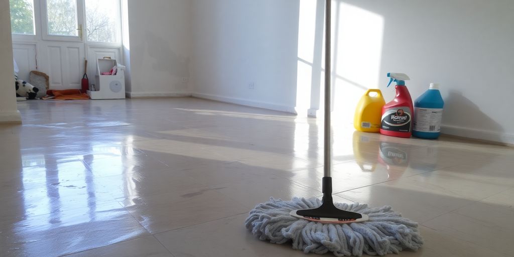 Living room with wet floor and cleaning supplies after damage.