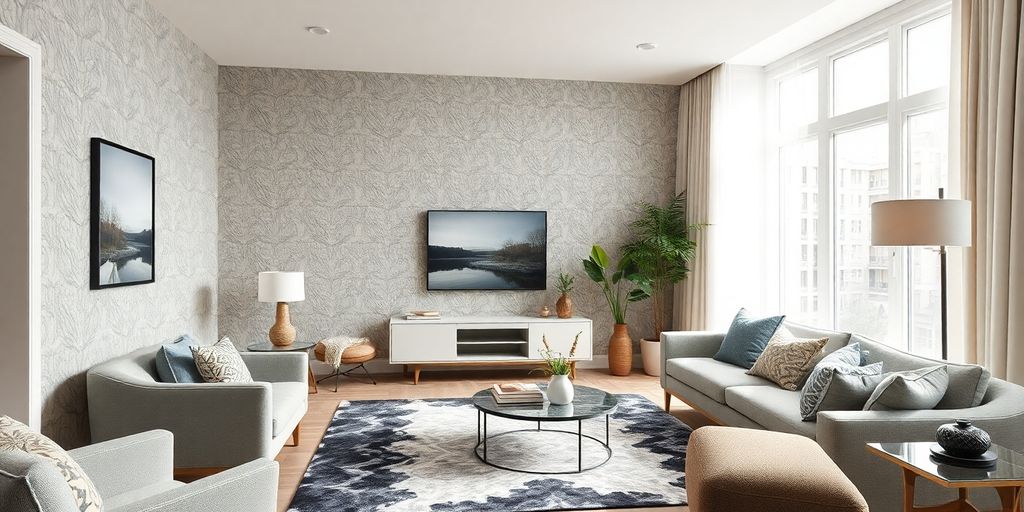 Sala moderna com papel de parede sofisticado e elegante.