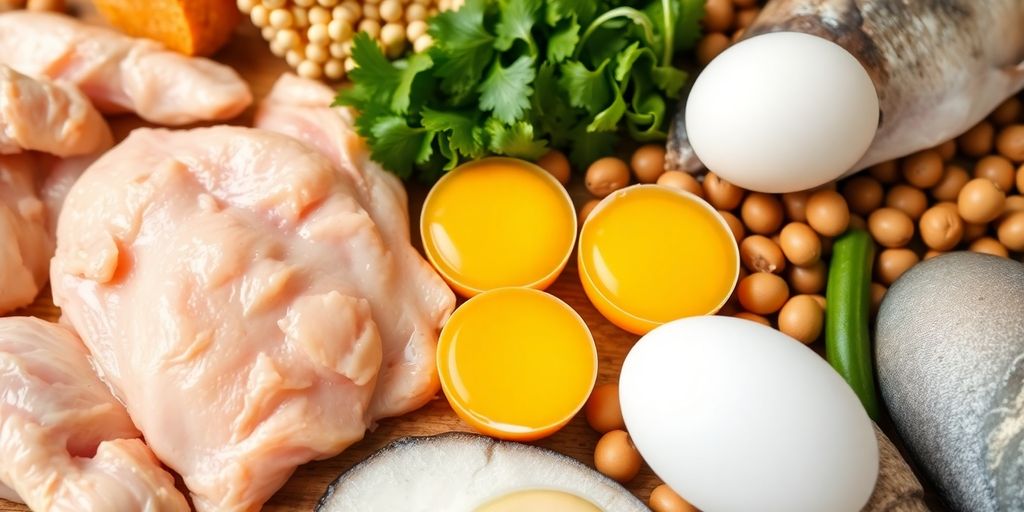 Colorful assortment of protein-rich foods on a wooden table.