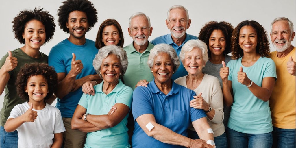 People of all ages showing band-aids after flu shot.