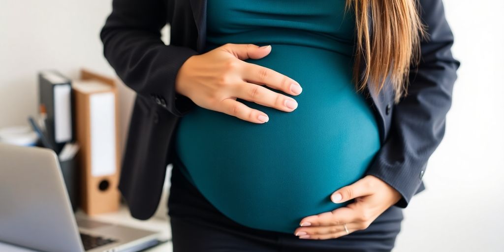 Mulher grávida em ambiente de trabalho feliz.