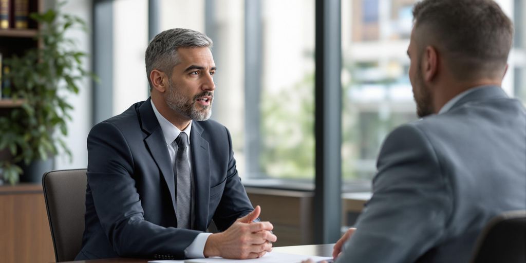 Attorney consulting with a client in a modern office.