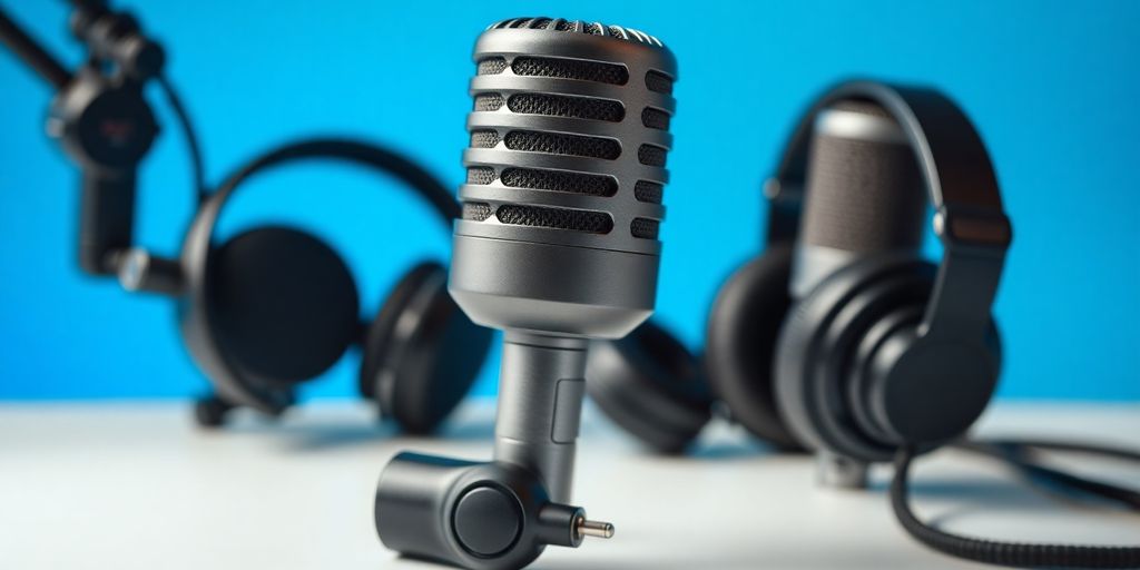 Two podcast microphones and headphones.