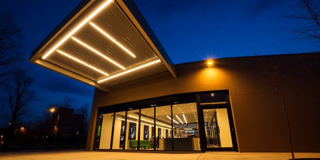 Storefront canopy with glowing LED lights reflecting on polished glass.