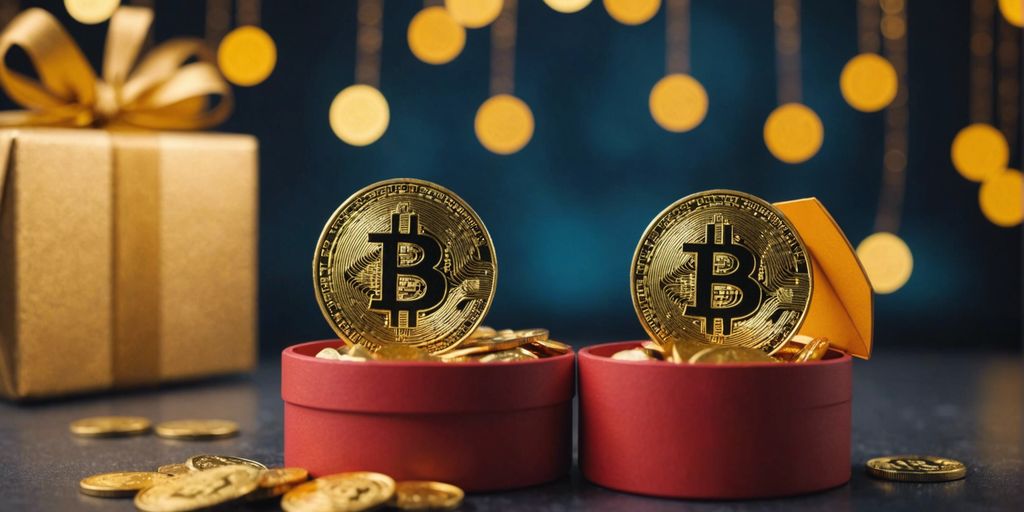Golden Bitcoin coin, gift box, and 'Sign-Up Bonus' banner on a digital currency background.