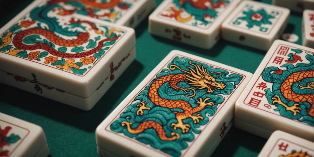 Close-up of Mahjong Dragon tiles with vibrant colors and intricate patterns.