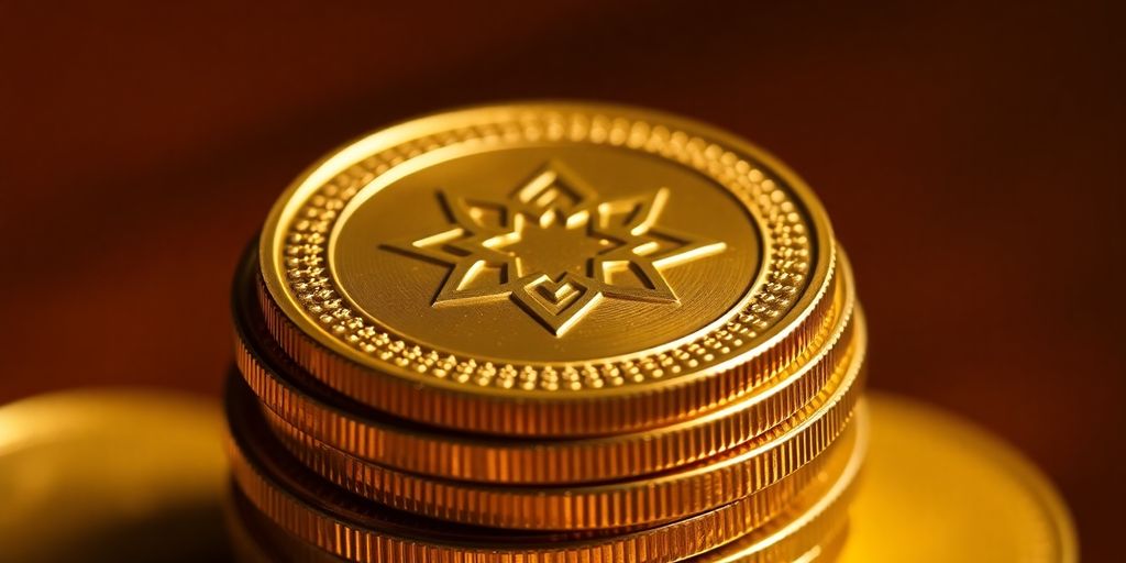 Stack of gold coins with Islamic star.