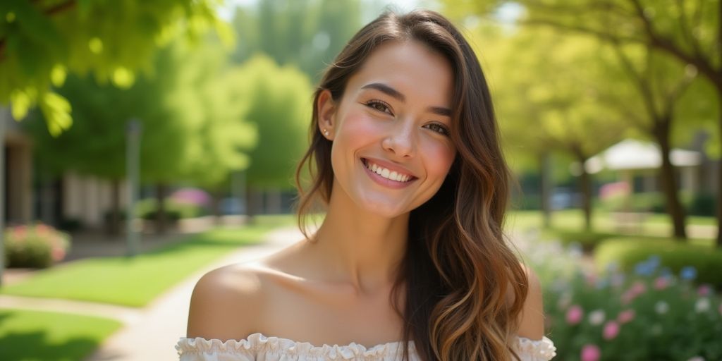 Lilly Jay smiling in a sunny park setting.