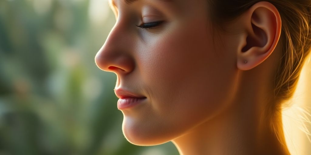 Person meditating, soft light, peaceful expression.
