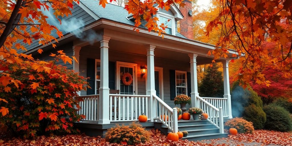 Cozy home in autumn with leaves and seasonal decor.