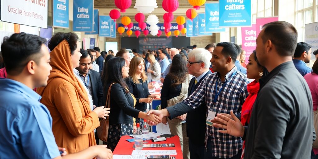 Diverse people shaking hands at a local partnership event.