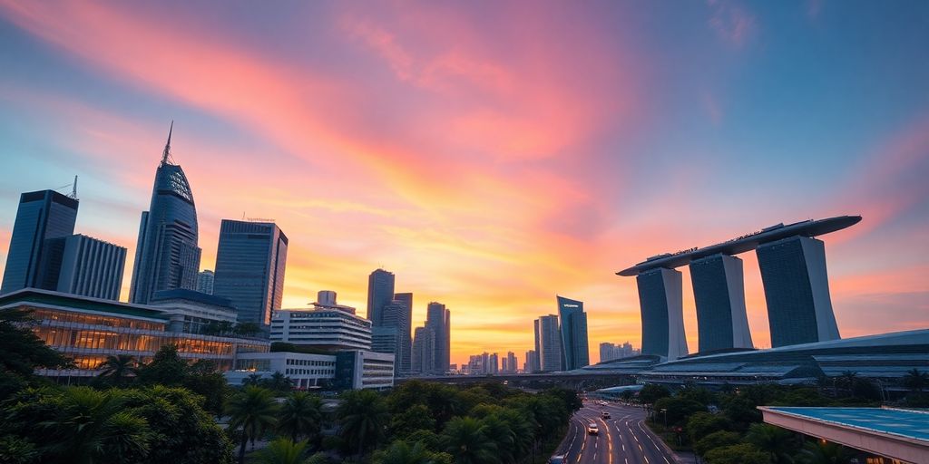 Singapore skyline featuring modern buildings and green spaces.
