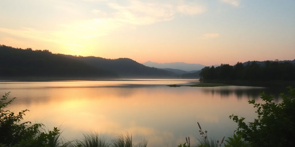 Lago sereno ao amanhecer, simbolizando evolução espiritual.