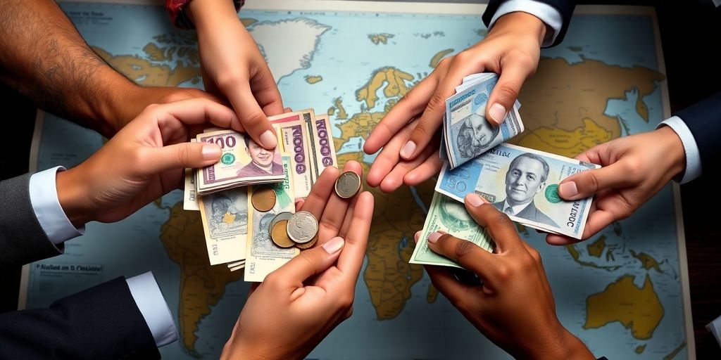 Hands trading international currency on a global map.