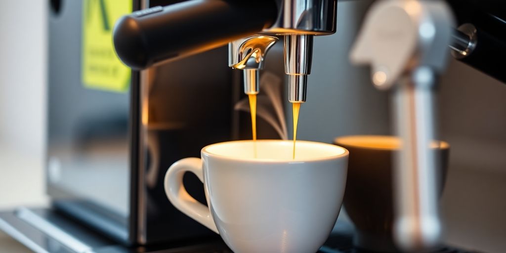 Close-up of sleek espresso machine brewing rich coffee.