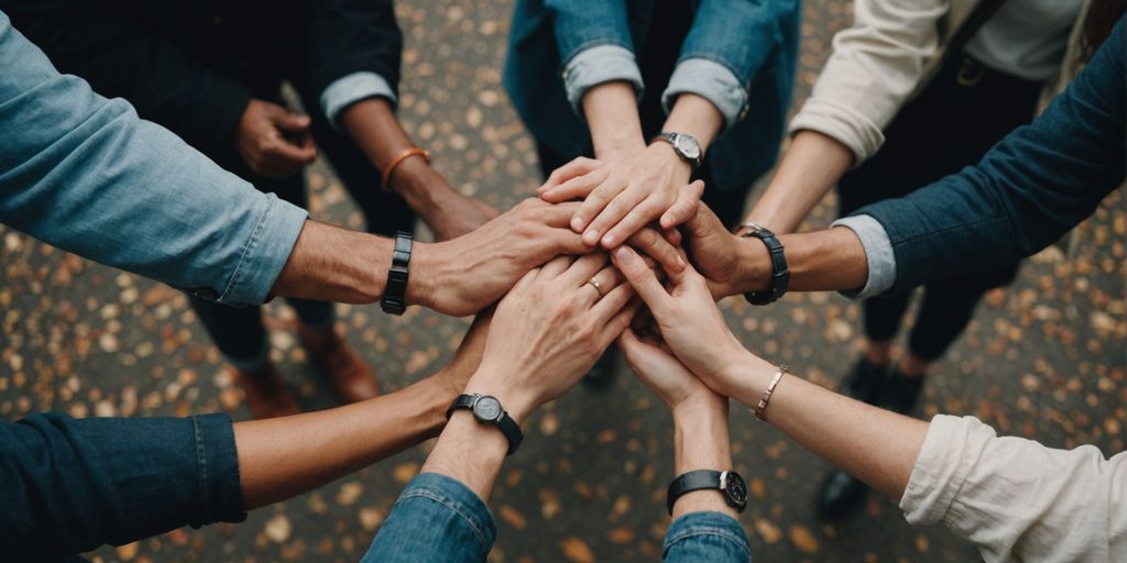 Diverse group holding hands, symbolizing unity in polyamory.