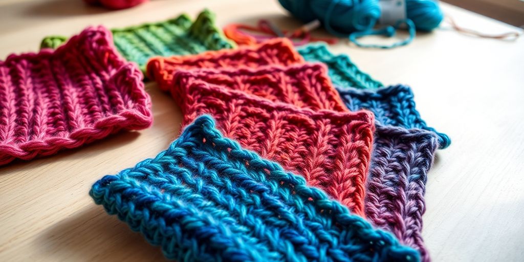 Yarn swatches in vibrant hand-dyed colors.