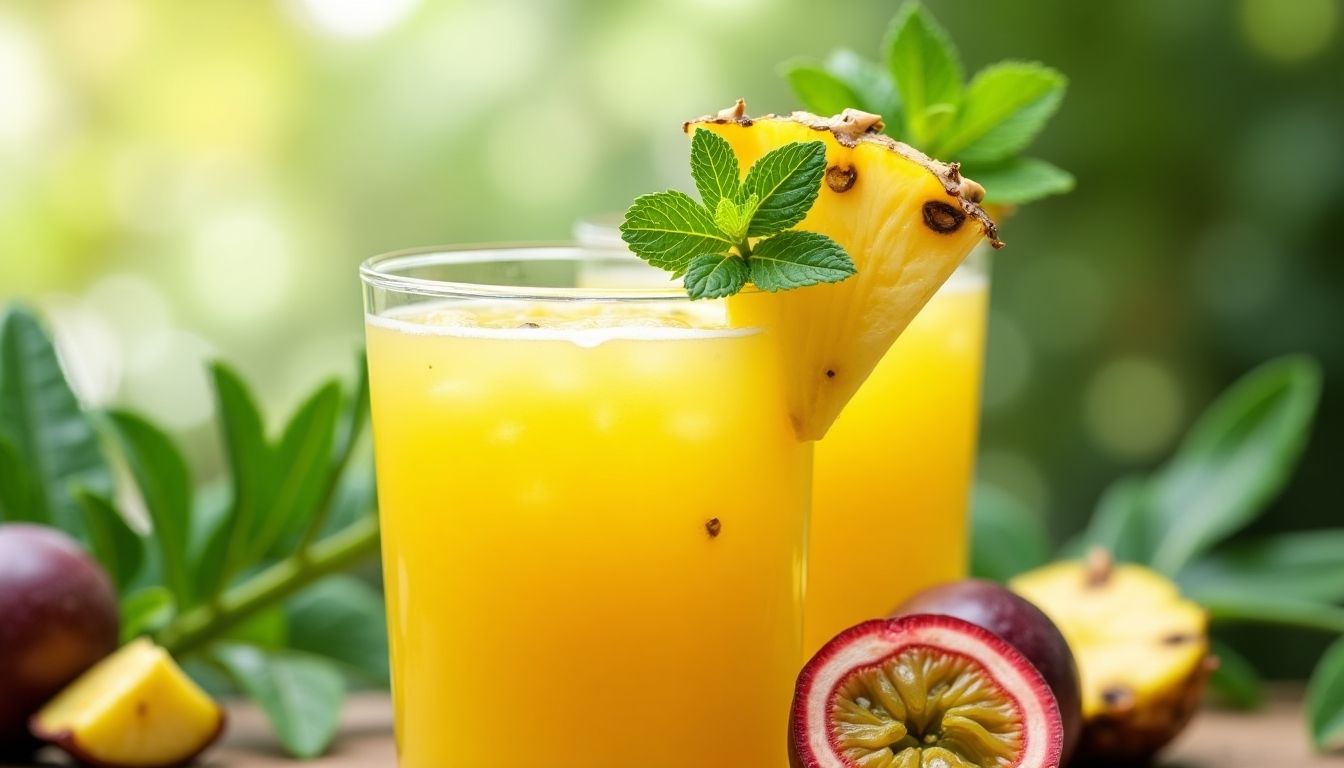 Pineapple and passion fruit juice in a tropical setting.