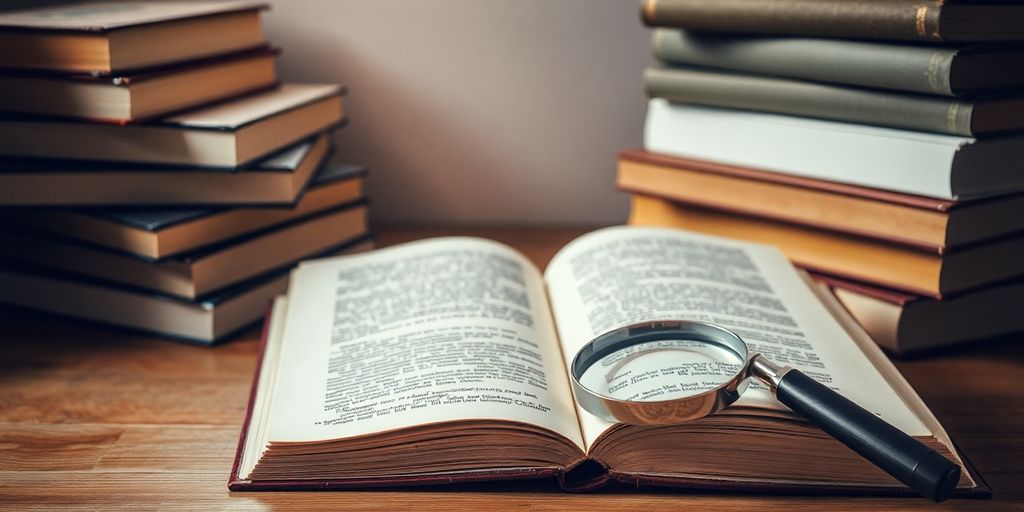 Open books and magnifying glass.